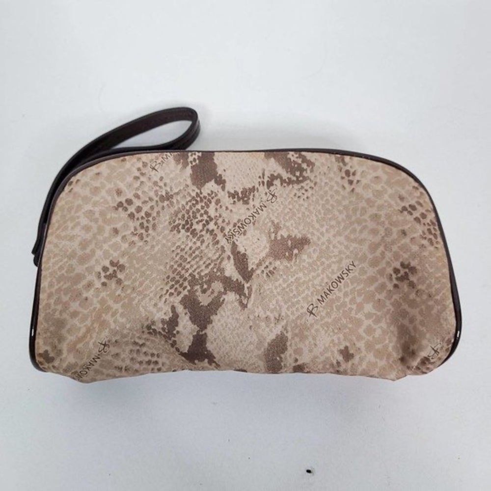 B Makowsky reptile print cosmetic wristlet make up bag